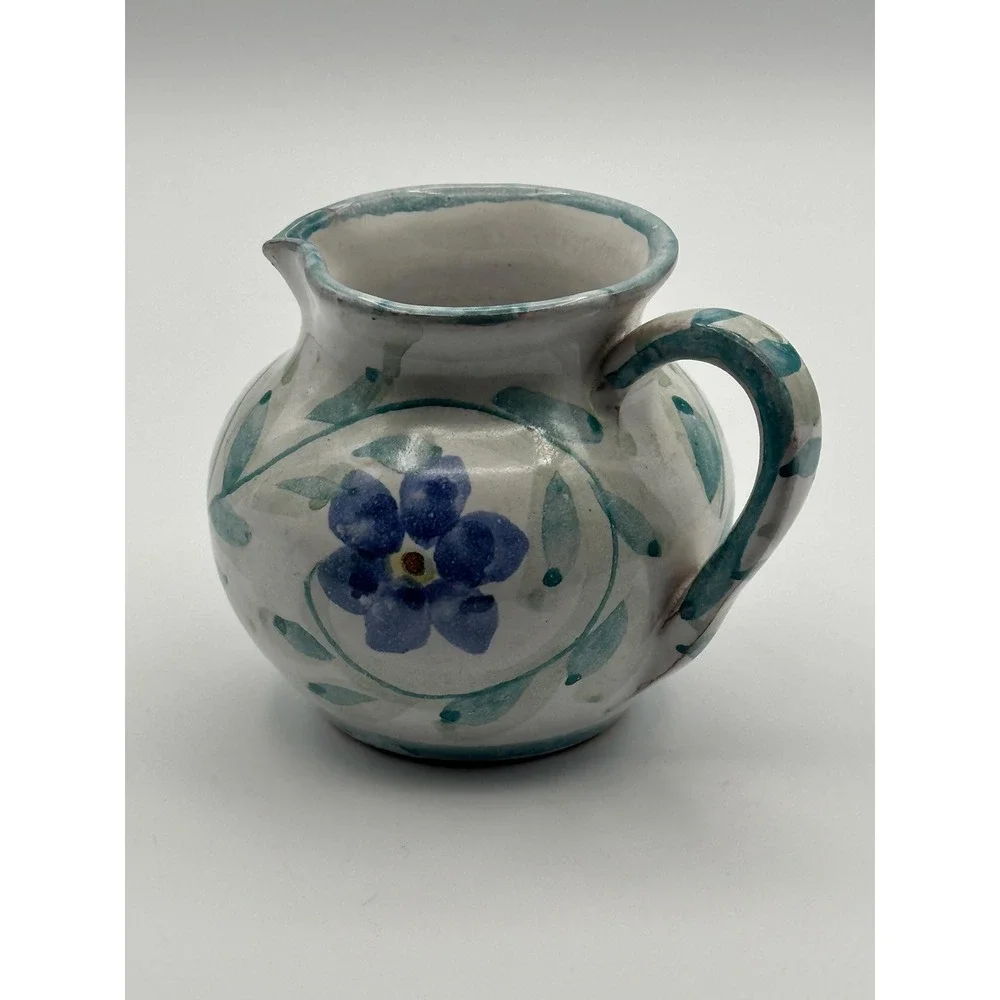 Hand Painted Blue Floral Portuguese Pottery Small Pitcher Creamer